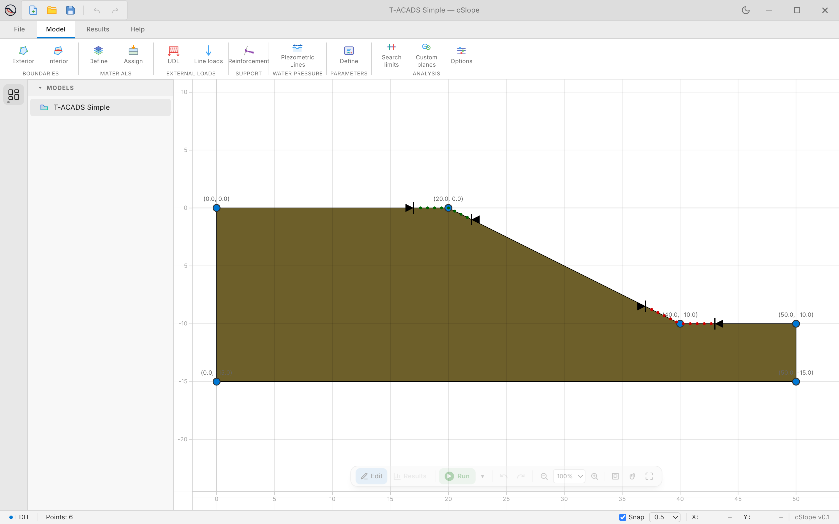 The cSlope window with the Model tab of the ribbon, the Explorer, the canvas and the status bar