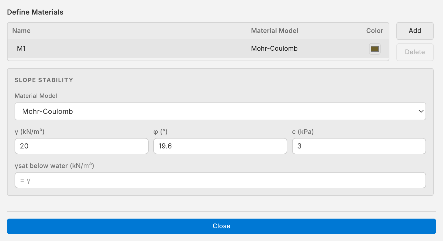 The Define Materials window with material M1