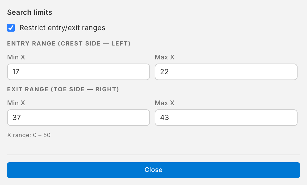 The Search limits window with entry and exit ranges