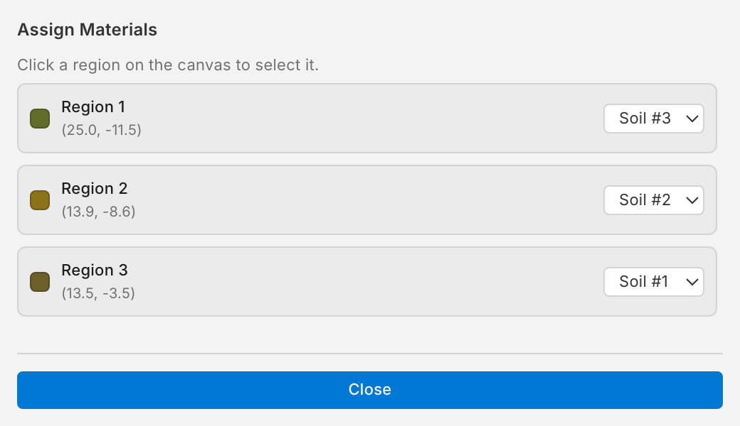 The Assign Materials window listing regions with a material for each