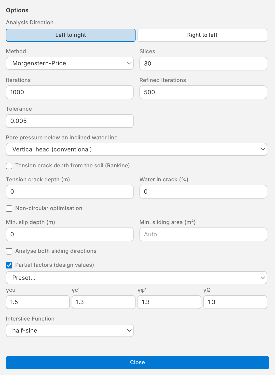 The Options window with partial factors switched on