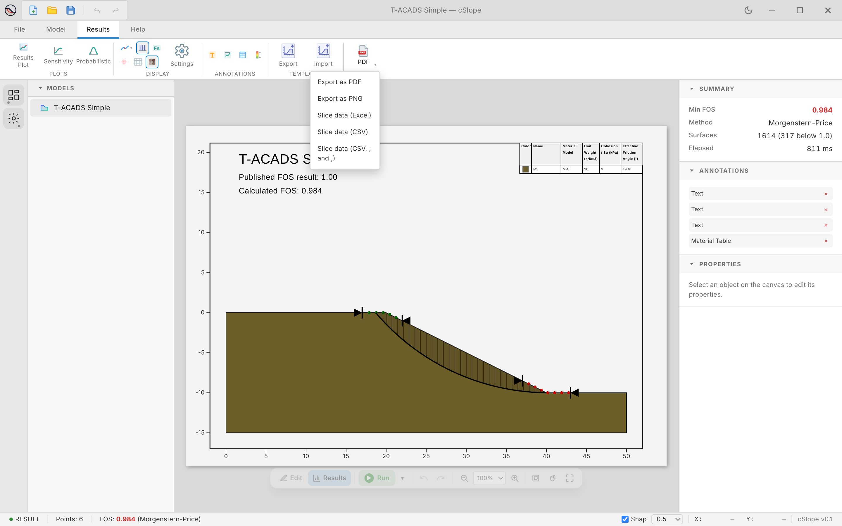 The export menu with PDF, PNG, Excel and CSV options